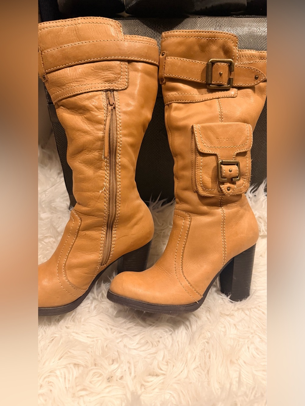 Report Tan Leather Mid-Calf Buckle Pocket Heel Boots